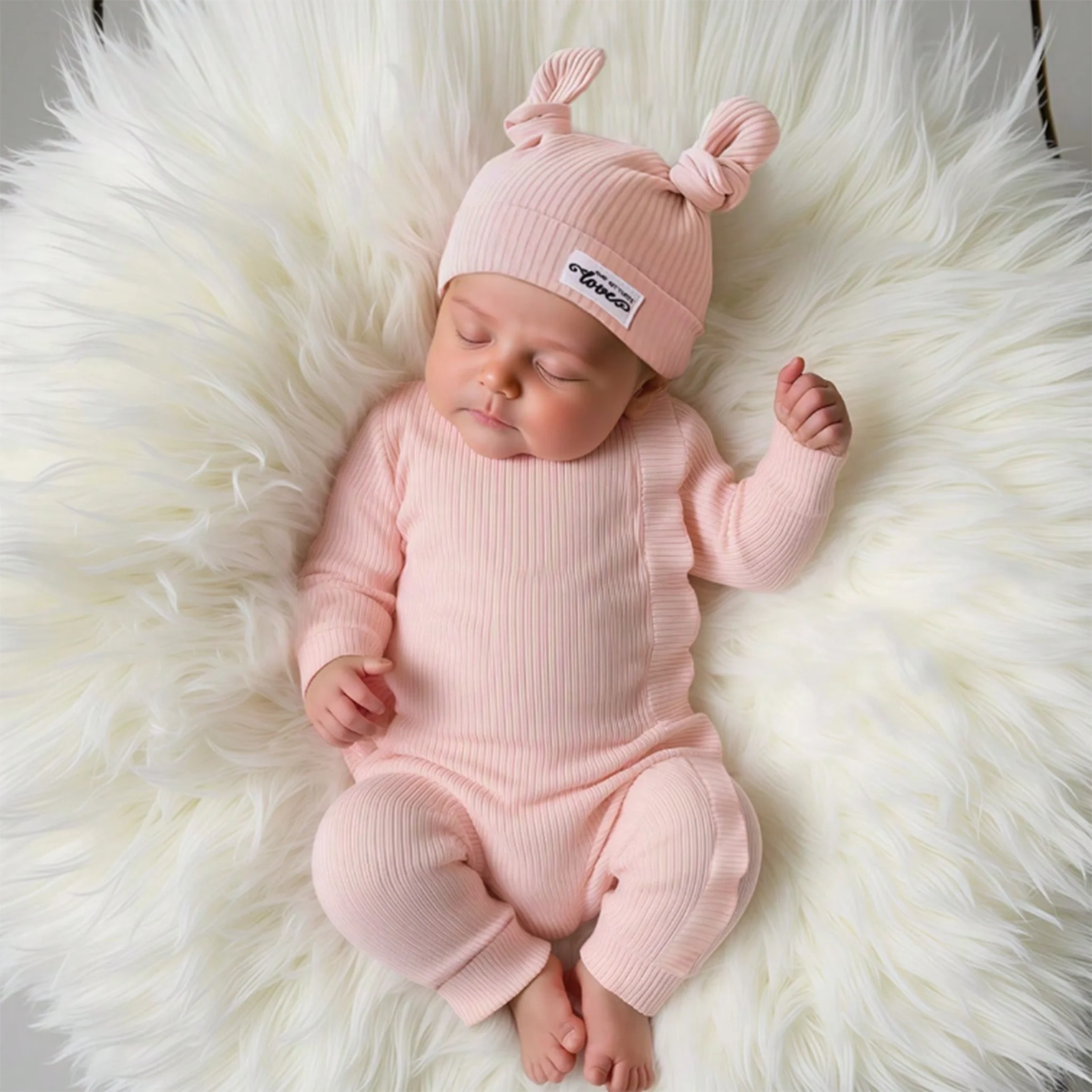 Newborn Photography Clothes Ribbed Romper Bunny Ear Hat Set Infant Zipper Closure Long Sleeve Baby Jumpsuit Coming Home OutfitHD