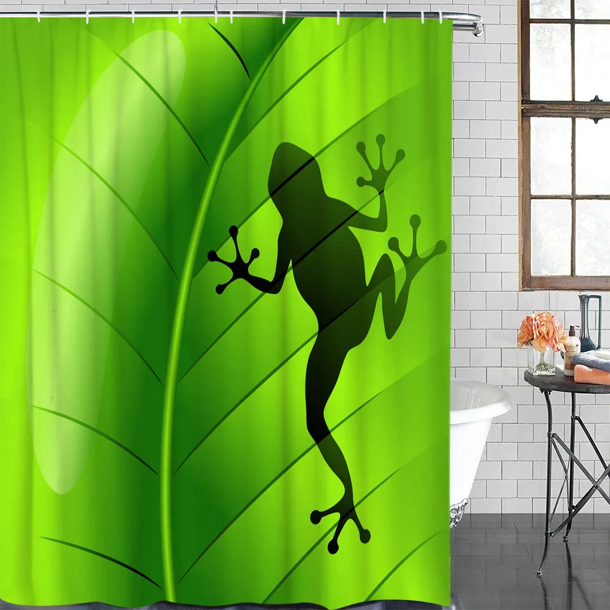 Animal Frog Silhouette Green Leaf Plant Waterproof Shower Curtain With Hook Bath Curtains Bathroom Decoration Accessories