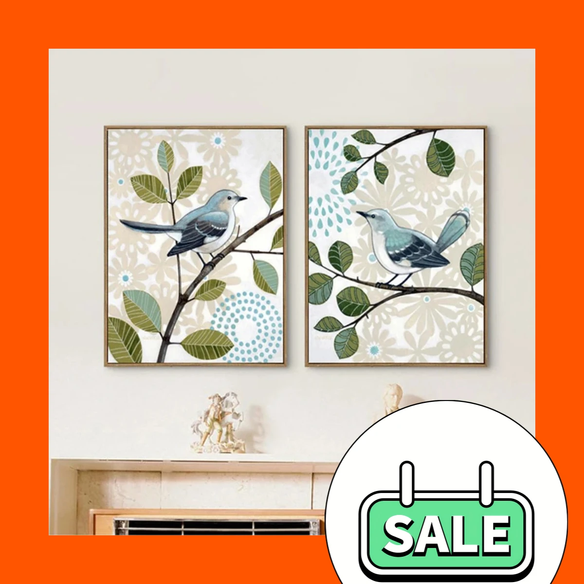 Nature’s Little Melody – Abstract Flower Blue Birds Green Leaves Frameless Canvas for Bedroom Home Decor Gift 2026