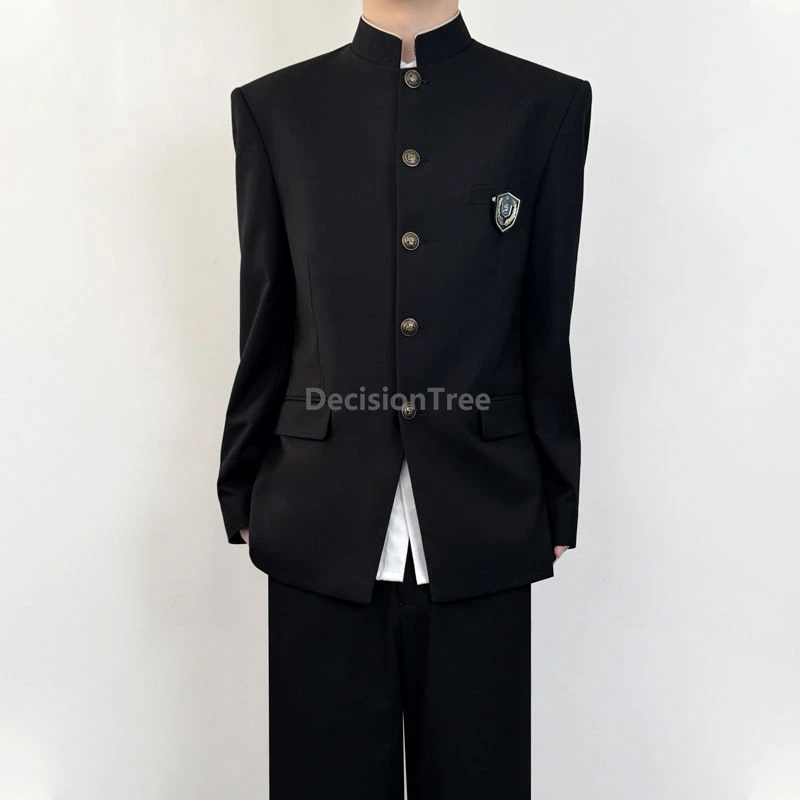 2025 mannelijke vintage academische stijl DK uniform retro opstaande kraag Chinese tuniekpak en veelzijdige broek zonder overhemd en stropdas