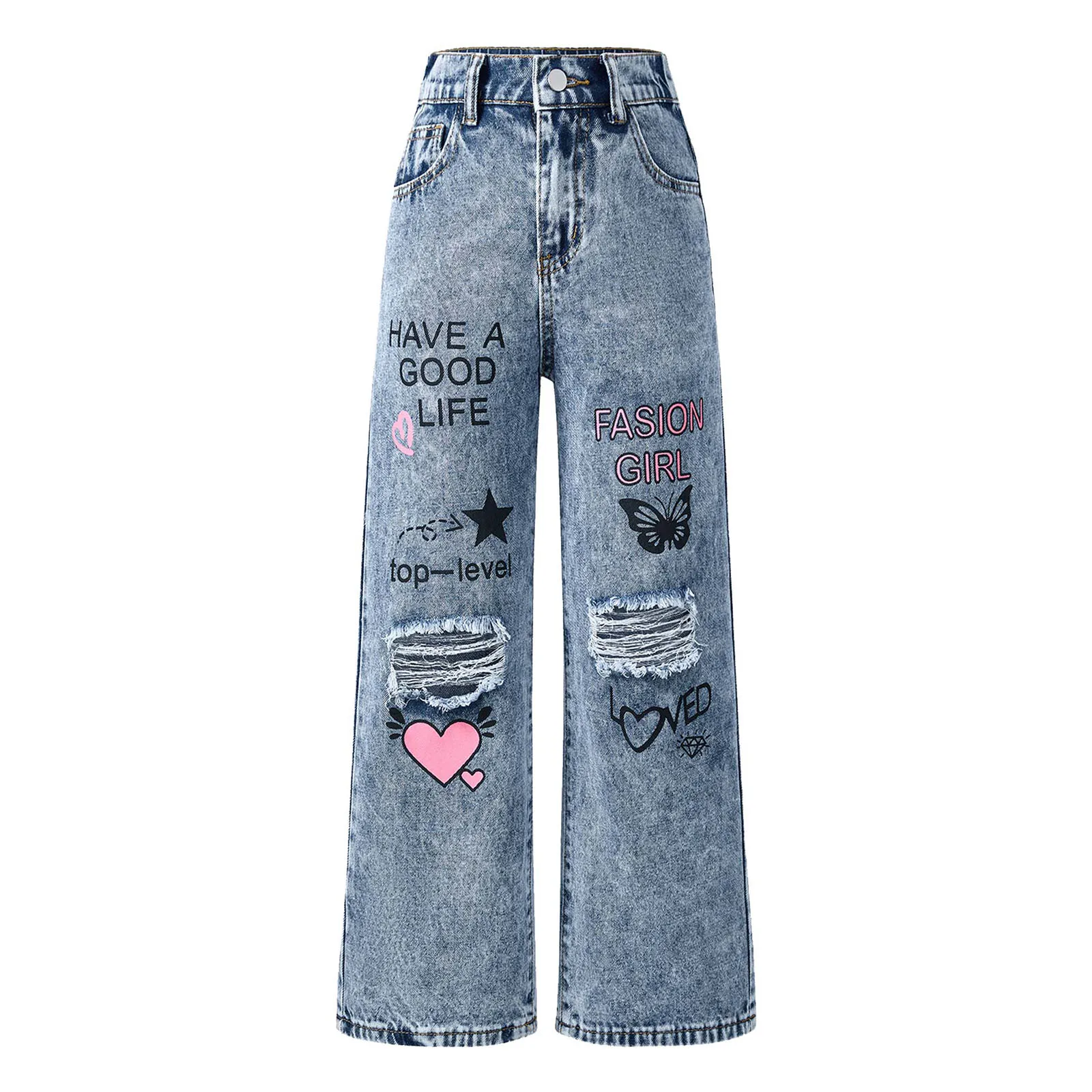 

Kids Girls Jeans Pants Children Casual Back Elastic Waistband Fashion Letter Printed Ripped Wide-Leg Denim Pants with Pockets