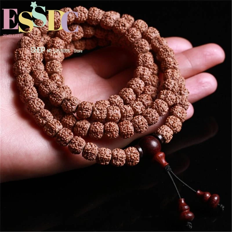 High Quality Natural Five-petal Tibetan 108 Rudraksha Beads Mala Lobular Red Sandalwood Triplet Buddhist Jewelry Yoga Bracelet