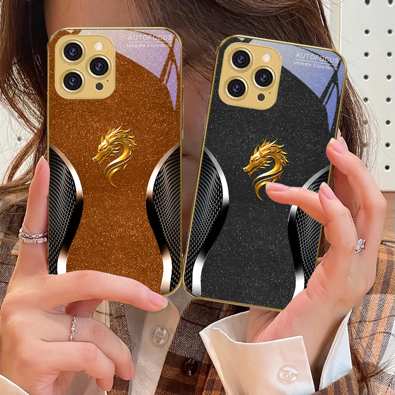 Golden Dragon Head Green For IPhone 16 Pro Max 15 P Ro 14 13 Plus 12 Mini 11Pro Max XS Max XR Golden Tempered Glass Phone Case