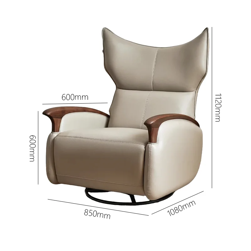 Sillón Reclinable Eléctrico Estilo Fendi, Giratorio y Basculante, con Reposabrazos de Madera de Roble y Cuero, Reclinación Eléctrica para Cine en Casa
