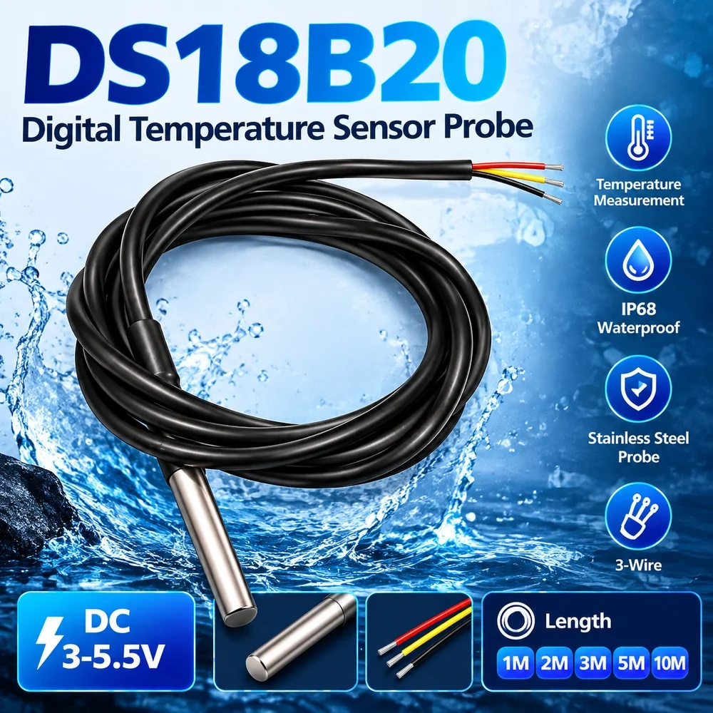 DS18B20 Digital Temperature Sensor Probe Stainless Steel Package Waterproof 18B20 IP68 3-Wire DC3-5.5V 1M 2M 3M 5M 10M
