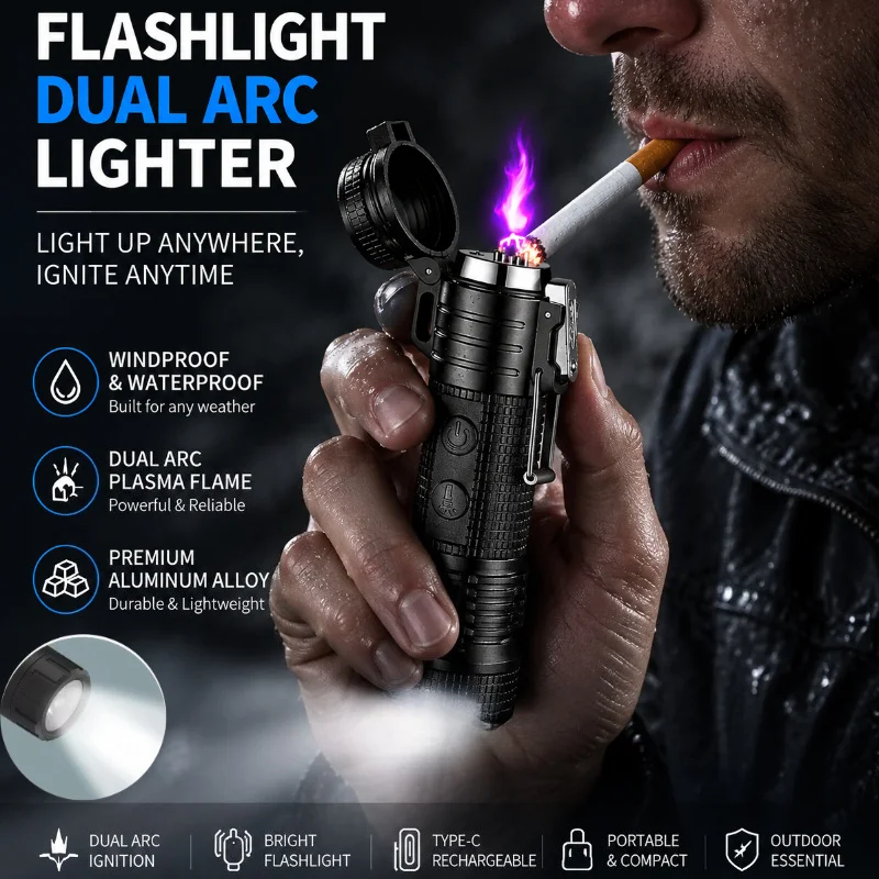 Outdoor Waterproof Flashlight Double Arc Lighter Strong Light Lighting Windproof Double Arc Cigarette Lighter Travel Tools