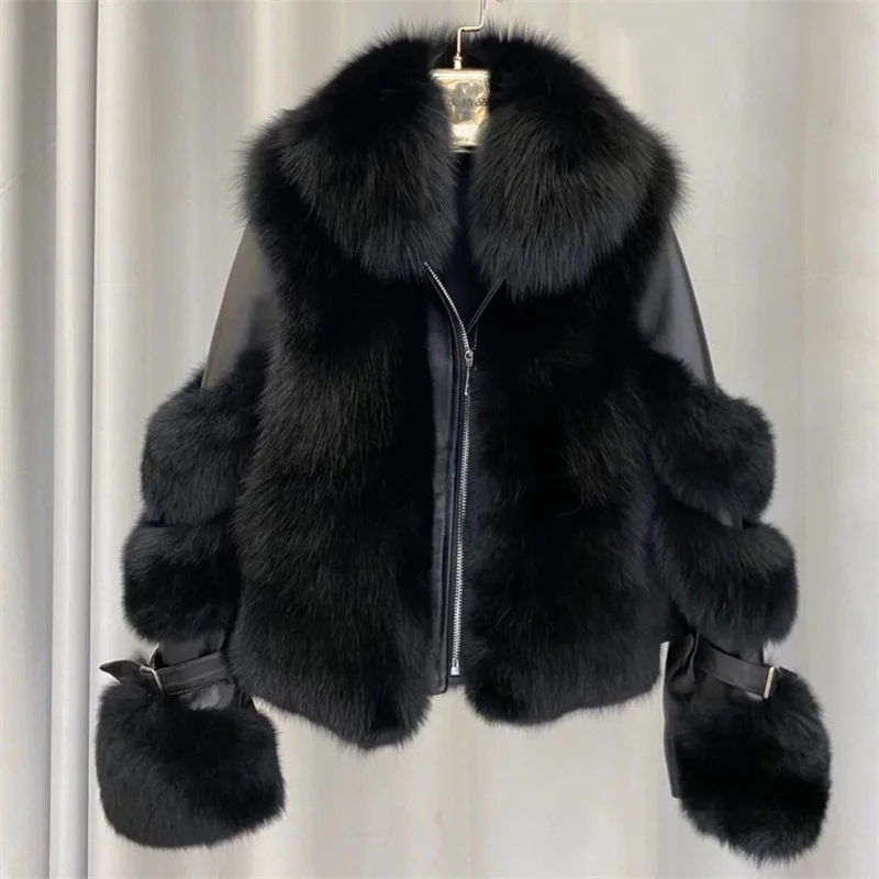 2025 New Outerwear Tops Warm Imitation Fox Fur Coat Imitation Leather Full Fox Fur Motorcycle Jacket Luxury Women Winter Jacket