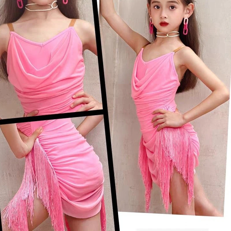

Girl Latin Dance Dress Chacha Samba Rumba Competition Costume Kids Tassels Halter Skirt Stage Performance Dancewear for Children