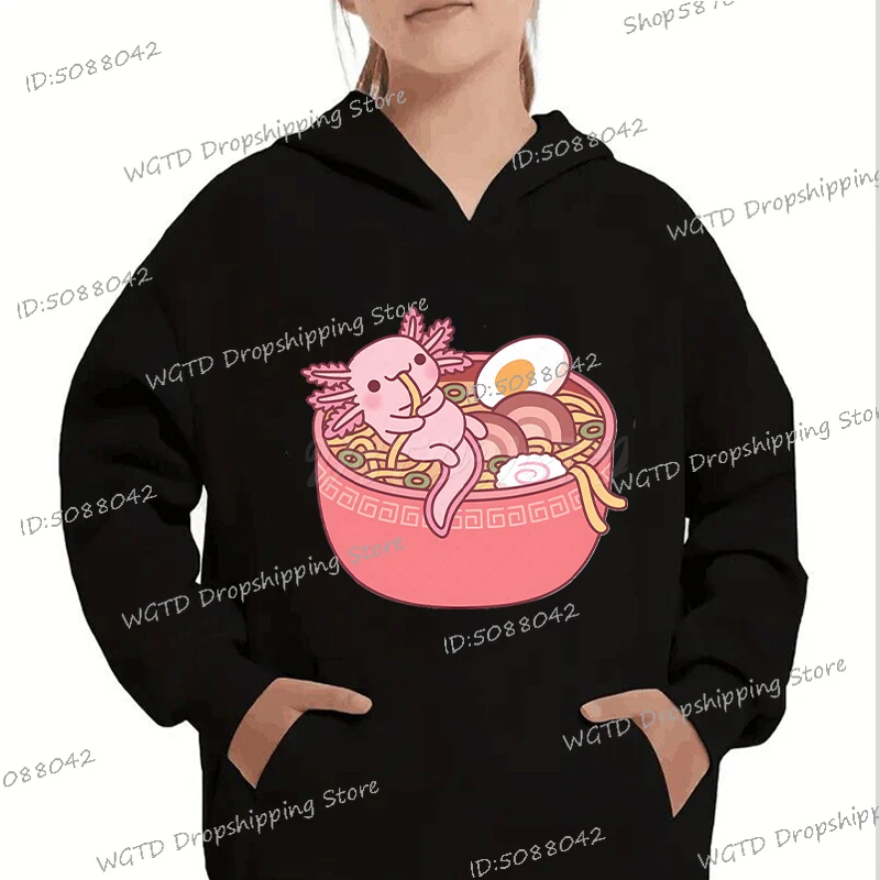 New Axolotl Cartoon Kids Hoodie Cute Axolotl Eating Ramen Noodles in Bowl Graphics Black Hooded Boys Girls Funny Axolotl Hoodies