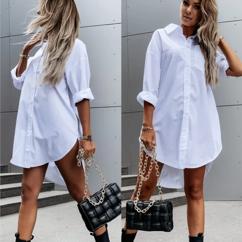 Elegant Women\'s White Blouse Casual Top Spring/Summer 2024 Simple Loose Fit Long Sleeve V-Neck Button Long Shirt S-XXL