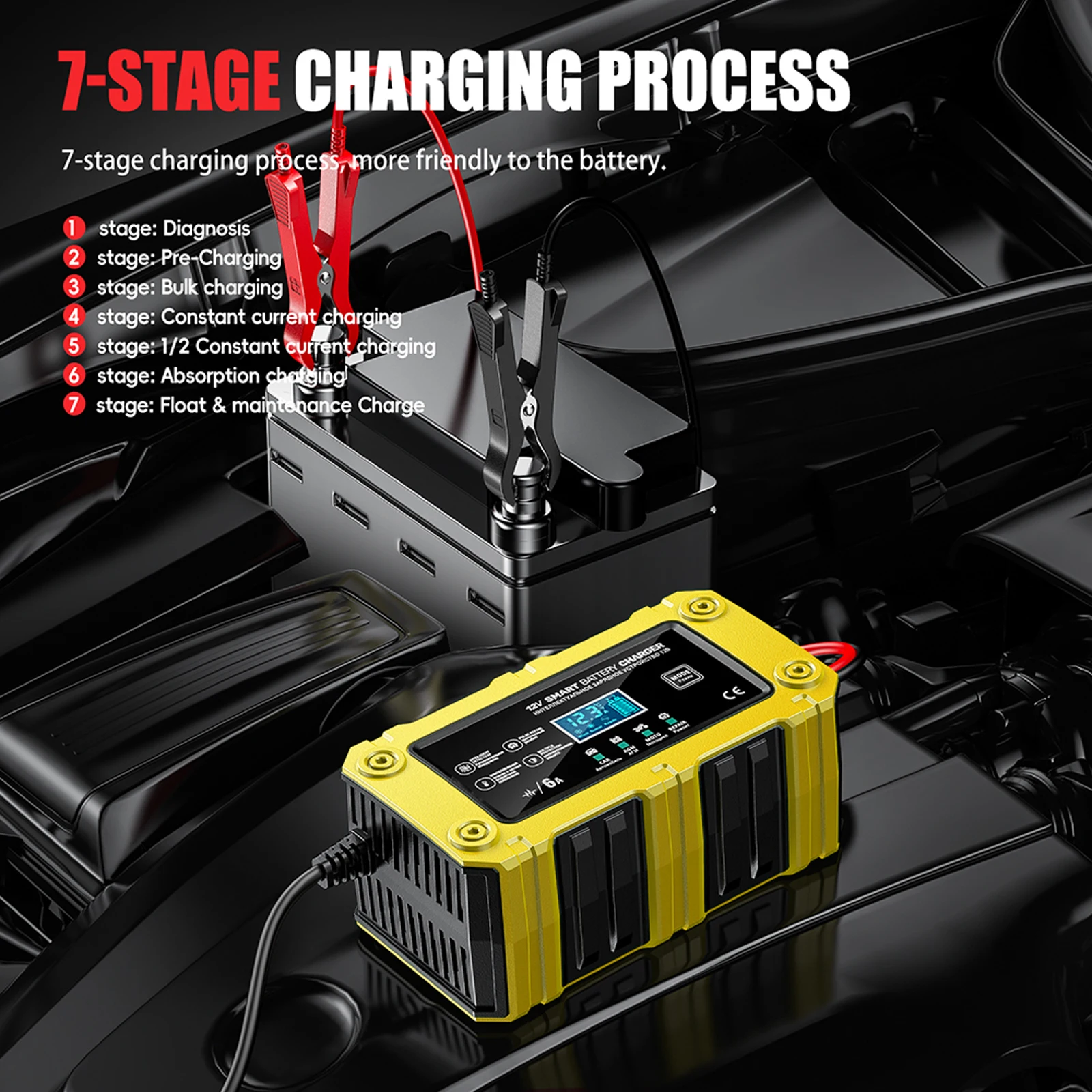 

Motorcycle Charger Battery Charger Trickle Charger 12V 6A Charger with LCD Display Pulse Repair for Car Motorcycle Batteries