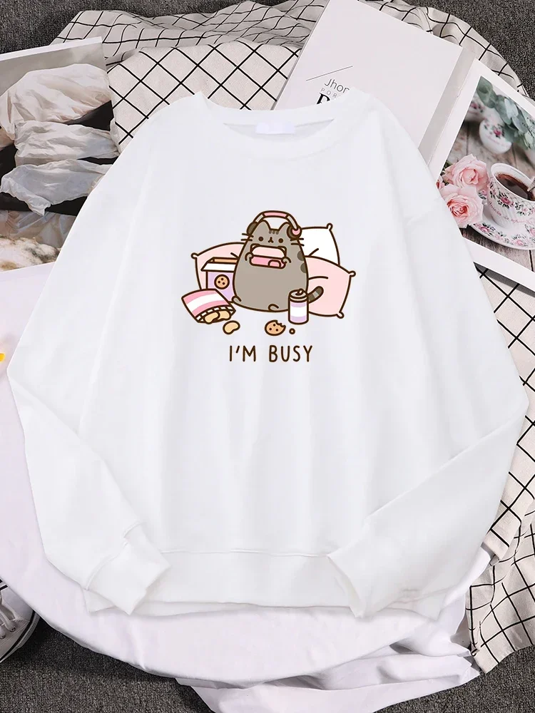 Women Hooded Street Fleece Outerwear Oversize Loose Sweatshirt Loose Soft Tops Sorry I'M Busy Cat Playing Games With Headphones