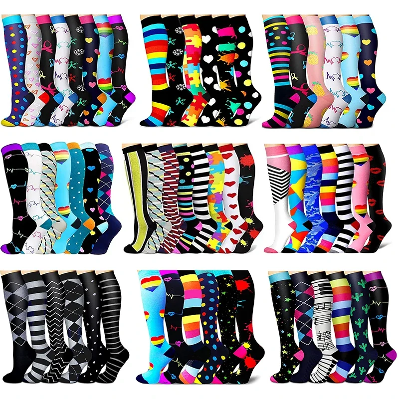 

3/6/7/8 Pairs Lot Pack Women Men Elastic Sports Climbing Cycling Beautiful Leg Compression Socks Stockings Running Nurse Sox