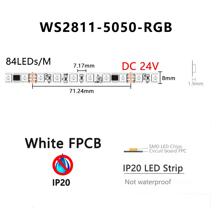 Imagem -04 - Estreito Led Endereçável Cor Mágica Rgb 5050 3535 Tira 84 96 Leds m Ws2811 Embutido ic dc 12v 24v Branco Pcb Flex Fita de Luz mm