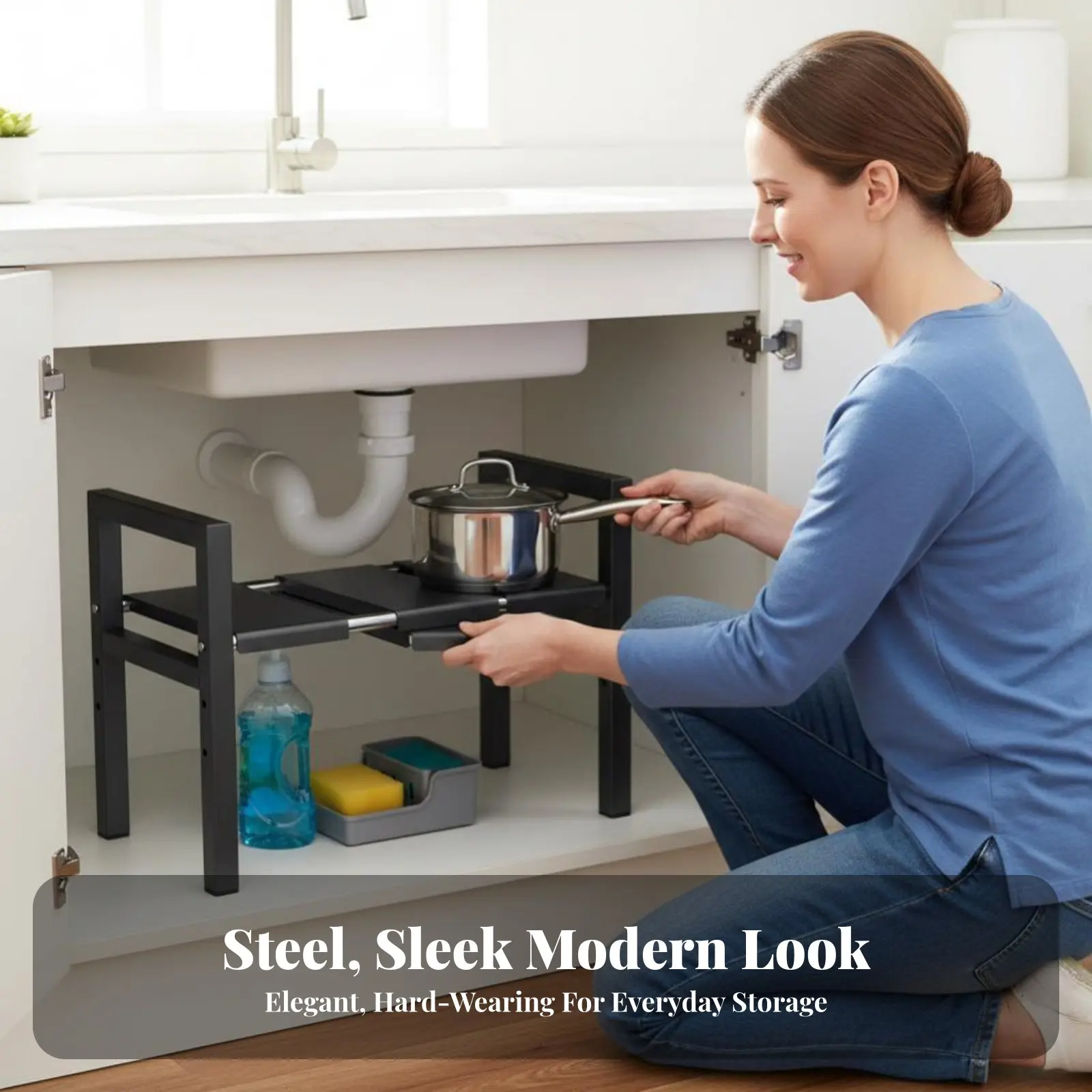 

Expandable Under-Sink Rack Easy to Install 2-Tier Adjustable Shelf Robust Duty Stable and Sturdy for Homeowners, Cupboard
