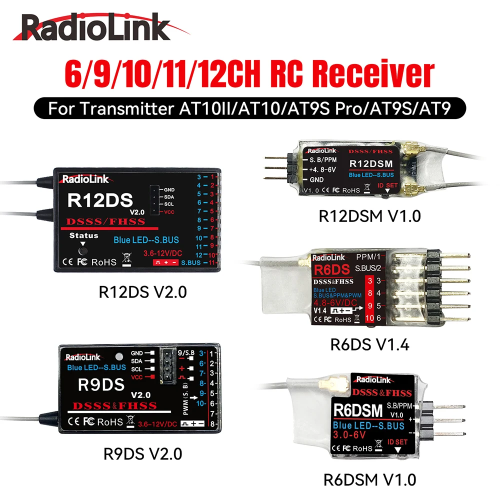 RadioLink RC Receiver R12DS R12DSM R9DS R6DS R6DSM 2.4G 6/9/10/11/12CH Receiver for AT10/AT9S/AT9