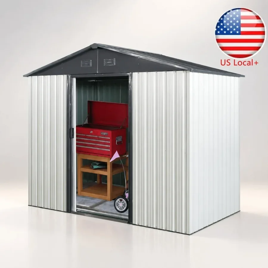 Outdoor metal storage shed for backyard use, white and black color, rust-resistant galvanized steel, 8ft x 4ft compact size