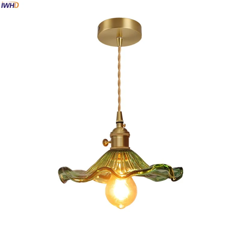 

IWHD Green Lace Glass LED Hanging Lamp Nordic Minimalism Living Room Decoration Bedroom Loft Copper Pendant Lighting Hanglampen