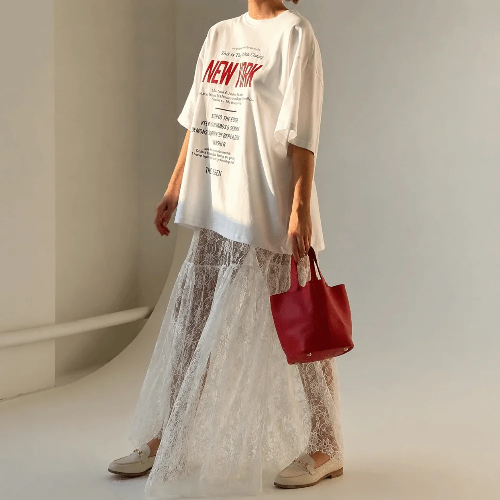 Jacquard Weave Skirt Bottom Sheer Mesh Loose Cut A Line Garment Soft Lace Trim High Waist Frame Summer Outfit Vacation Trip