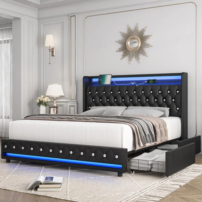 Queen LED Bed Frame with Charging Station and 4 Storage Drawers, Velvet Upholstered Platform Bed with Handcrafted Crystal