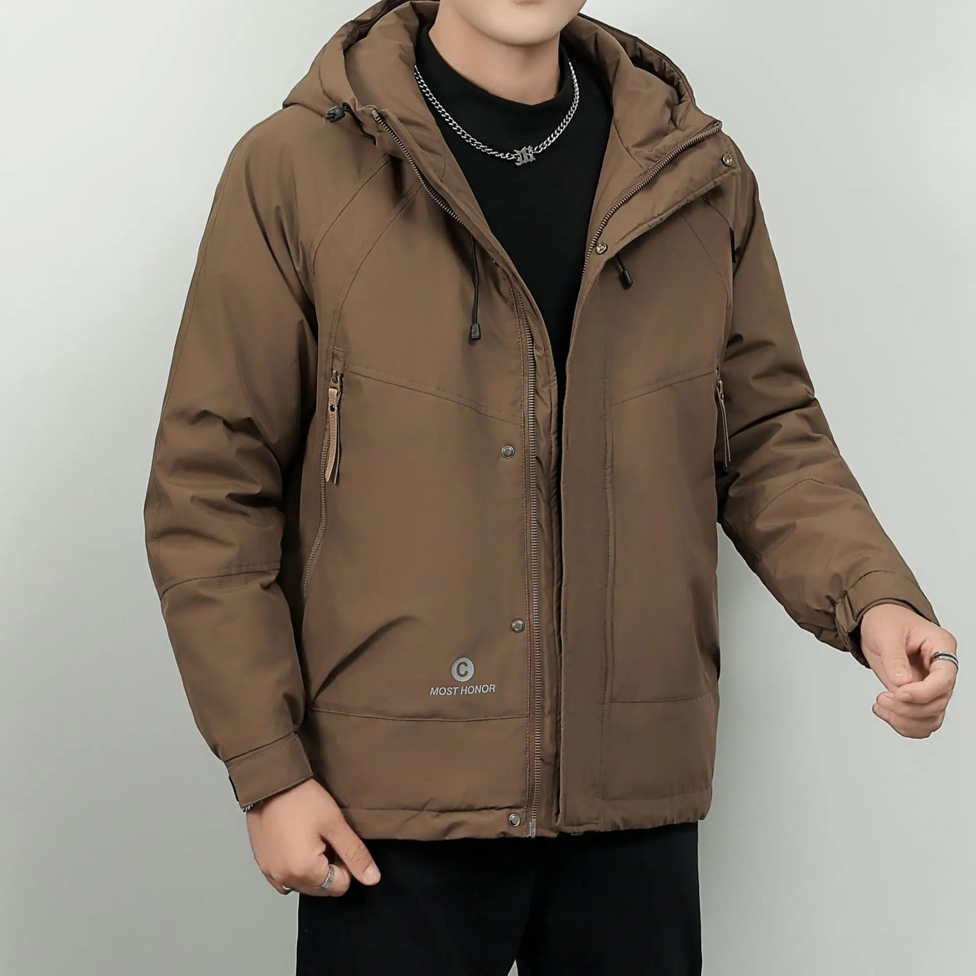 Herren Cargo weiße Enten Daunen jacke im Freien warme Kapuze dicke Puffer Mäntel hochwertige Mantel thermische Winter Parka Streetwear