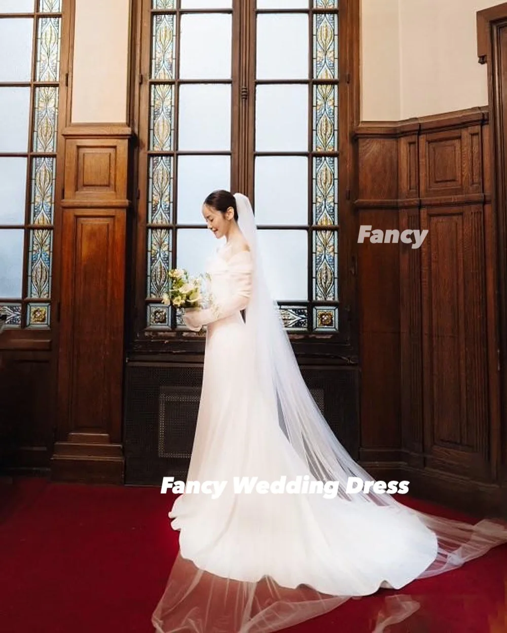 ファンシーエレガントなオフショルダーのウェディングドレスマーメイド長袖ブライダルドレス弾性サテン誕生日パーティードレスカスタマイズ