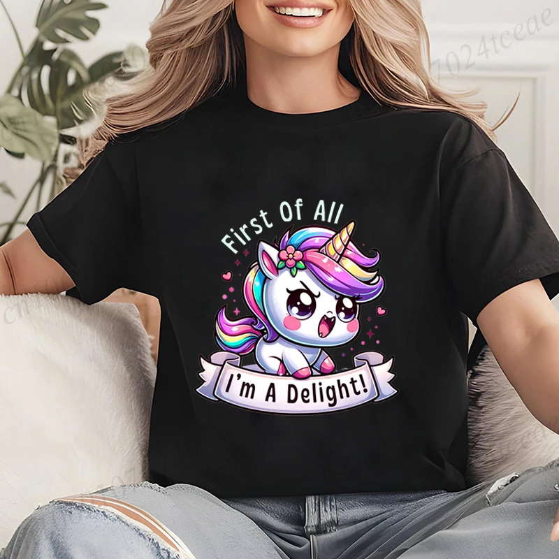 

Funny Unicorn Women Summer T-Shirt First of All I'm A Delight Graphic T Shirt for Women Fashion Casual Sarcastic Tee Shirts Tops
