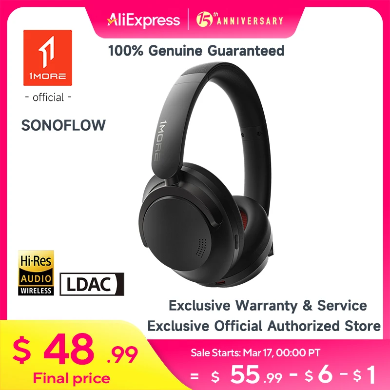 1MORE SonoFlow Active Noise Cancelling Headphones 70H Playtime Clear Calls Preset EQ Via App Black Headset HC905 Bluetooth 5.0