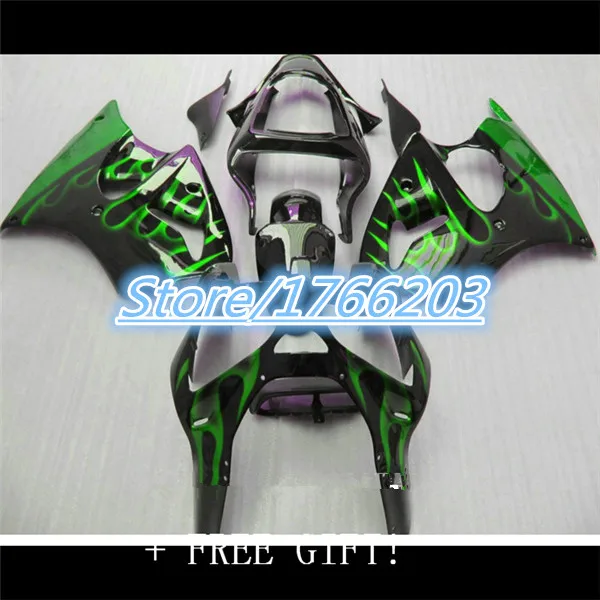 Wholesale - ABS Fairing kit for KAWASAKI Ninja 2000 2001 2002 ZX-6R 00-02 ZX6R 636 ZX 6R 00 01 02 green flames gloss black