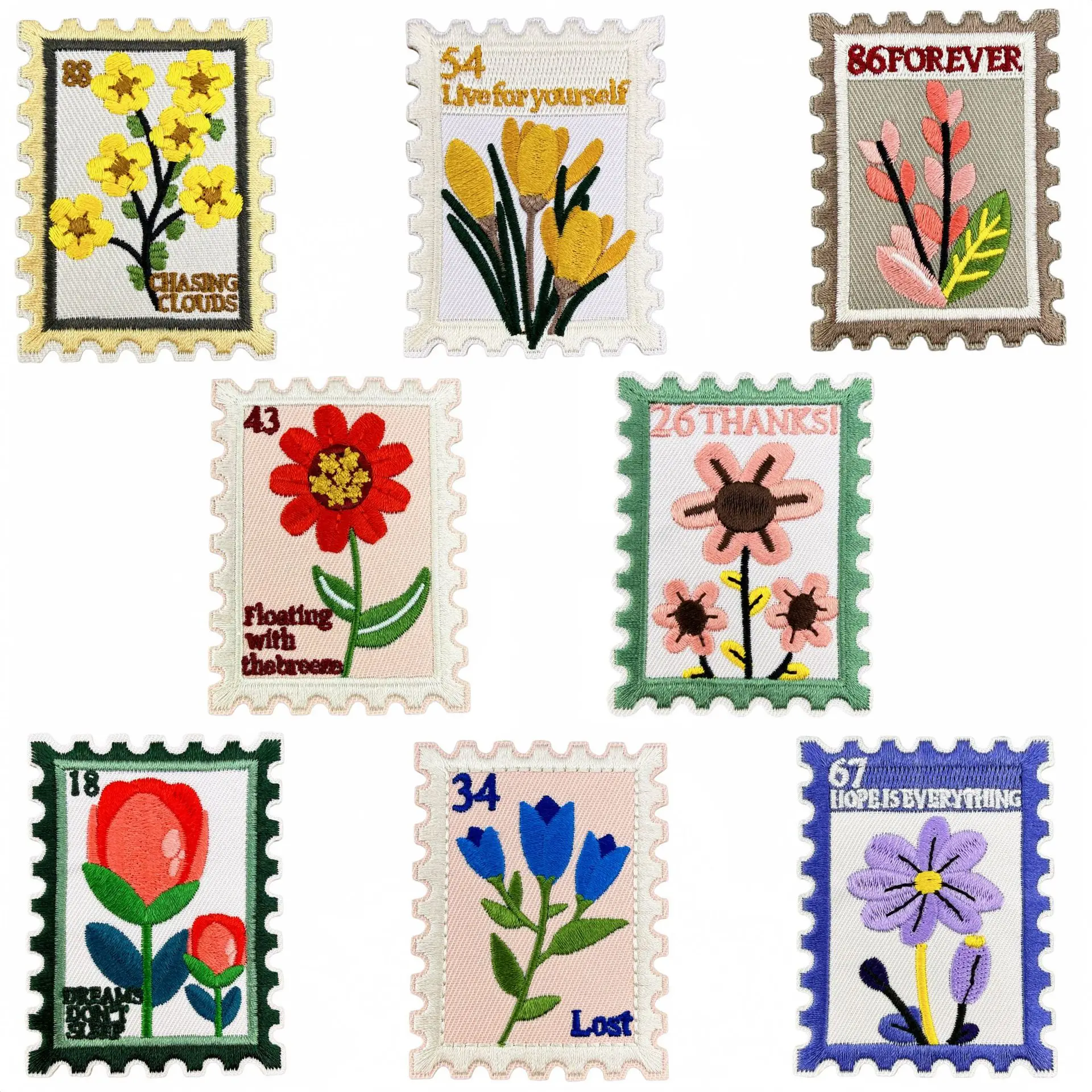 Apliques de Tecido Retangulares Vintage Bordados Termocolantes com Estampa de Flores, Motto com Números e Etiqueta Floral para Vestido Feminino