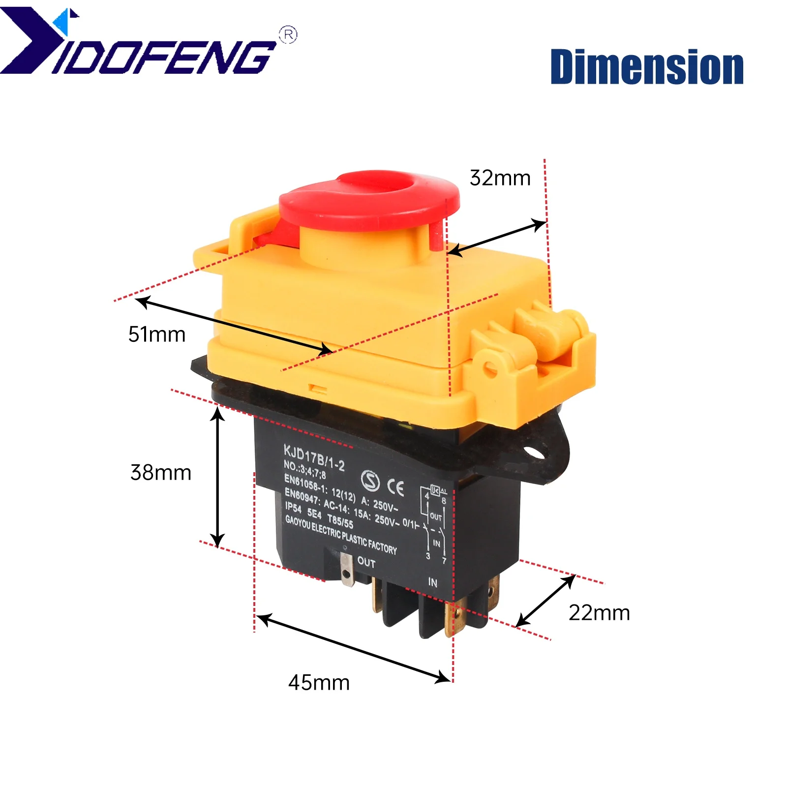 1pc YIDOFENG Emergency Stop Switch Mini Lathe Accessories KJD17B/1-2 4-Pin ON-OFF Instant Reset Button