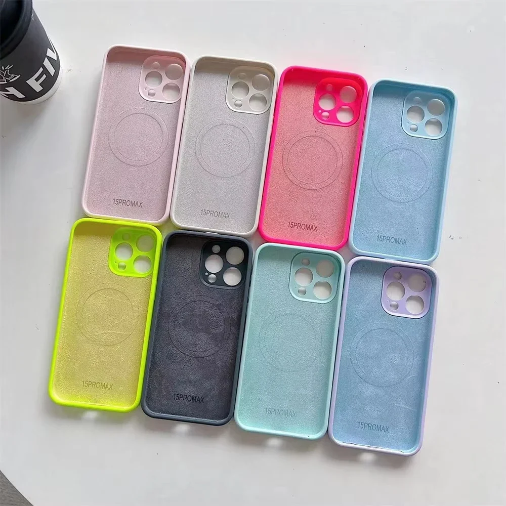 حافظة مغناطيسية من السيليكون السائل الفلوريسنت اللامع لهاتف Magsafe لهاتف iPhone 16 Plus 15 ProMax 14Pro 13 غطاء شحن لاسلكي