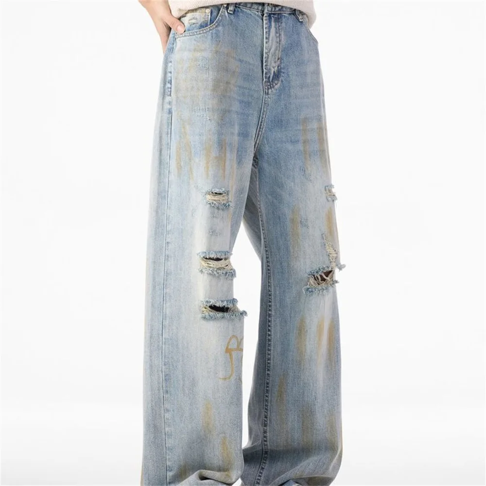 MWJLPWQ American Retro Graffiti Dirty Stain Jeans For Men Washed Trendy Design Punk Style Distressed Straight-Leg Pants 20455