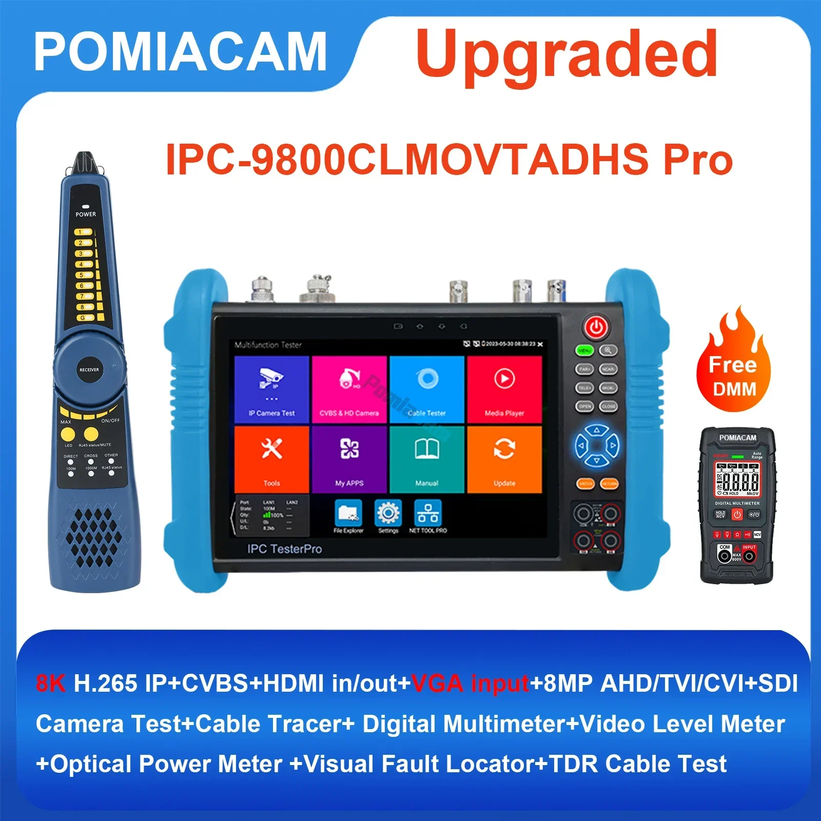 

IPC-9800 CLMOVTADHS-Pro Upgraded 8K IP Camera Tester 7''IPS Screen Monitor IPC CCTV Tester 8MP AHD CVI TVI With VGA Input