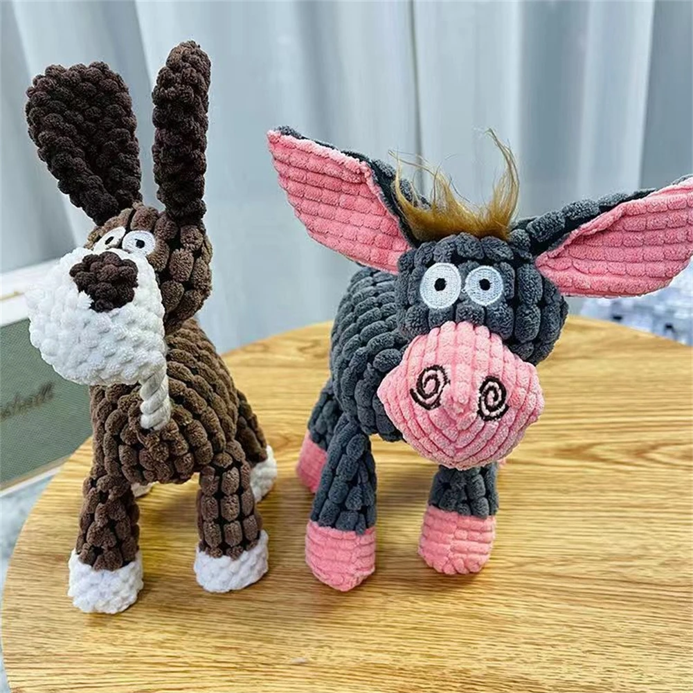 

Bite Resistant Pet Toy Fun Donkey Shape Corduroy Dog Chew Squeaky Toys Cute Plush Squeaker Toy Puppy Teeth Cleaning Molar Toys