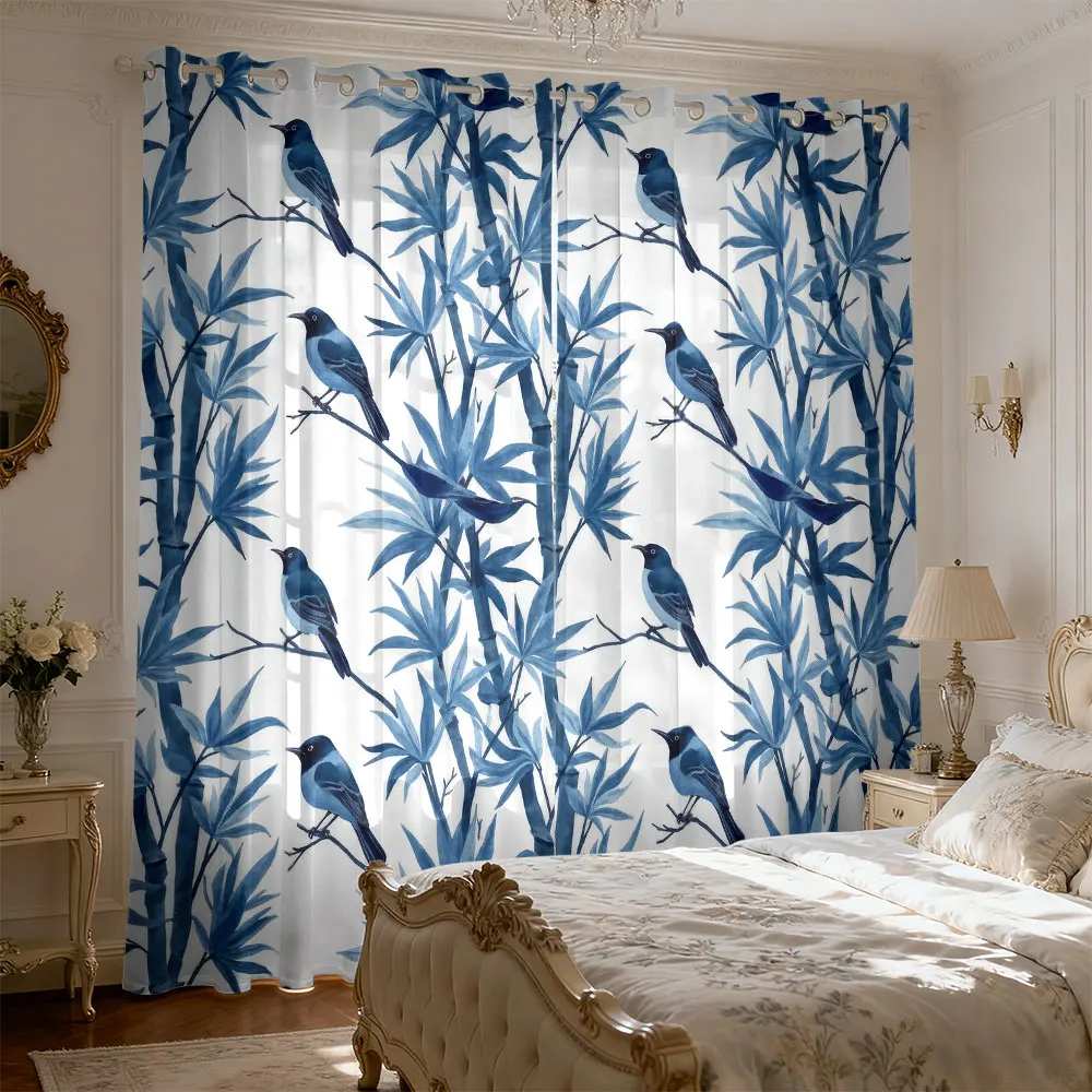 2 pieces of blue bamboo and cuckoo bird-printed curtains living rooms bedrooms suitable for blocking light decorating homes