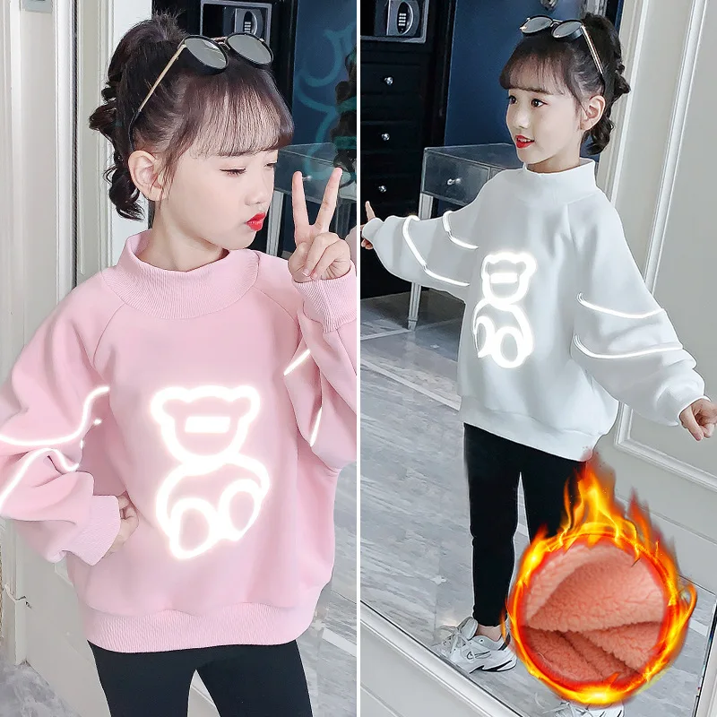 2024 Autumn Winter Children Girl Thick Plus Velvet Sweatshirt School Girl High Collar Warm Pullovers Junior Girl Long Sleeve Top