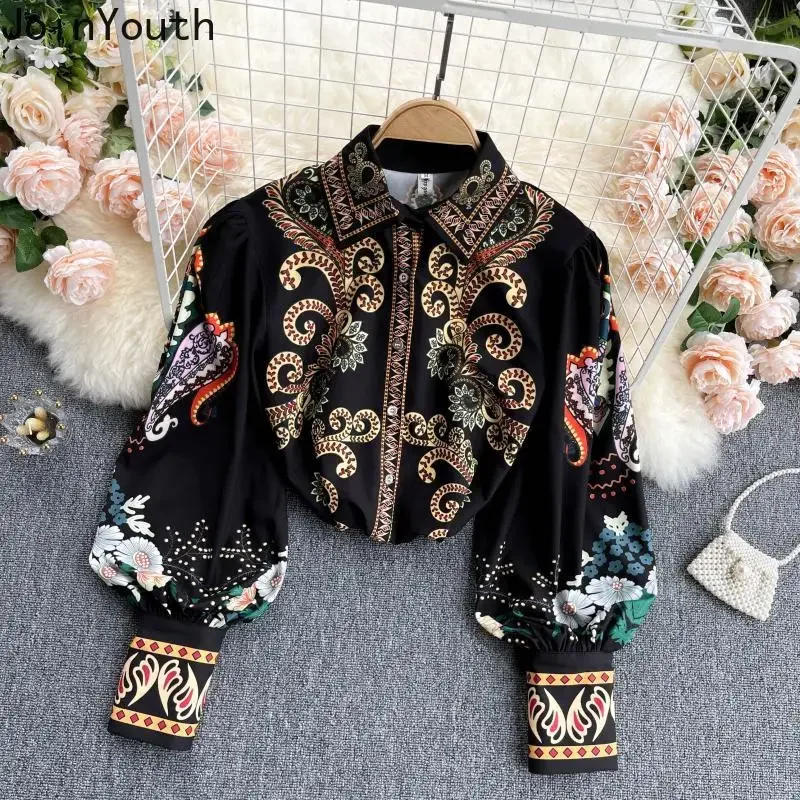 2024 Camisas De Mujer Floral Lantern Sleeve Blouse for Women\'s Turndown Collar Loose Shirts Loose Summer Vintage Blouses Tops