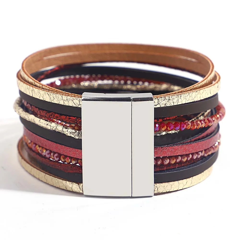 Amorcome Ethnic Multilayer Leather Bracelets for Women Men Boho Crystal Beads Wide Wrap Bracelets Fashion Female Party  Jewelry