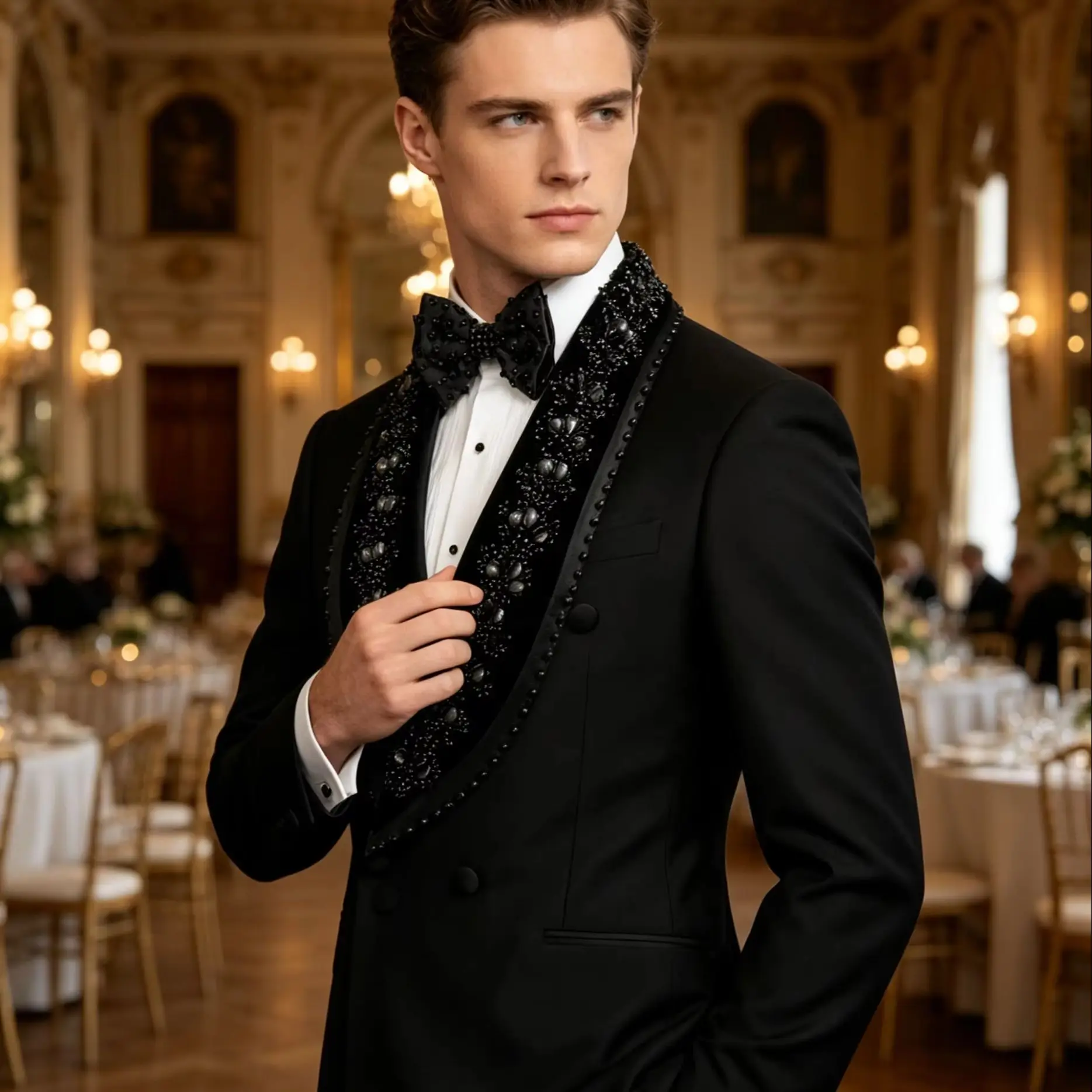 

Luxury Ornament Stones Men Suit Customized Double Breasted Beaded Groom Male Prom Blazers 2 Piece Sets Wedding Party ropa hombre