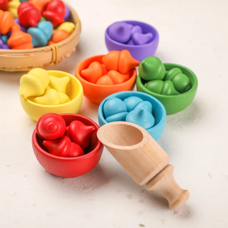 Montessori baby Wooden Collecting Acorn Toy Educational sorting Toy color cognition toy wooden bowl building blocks for Children