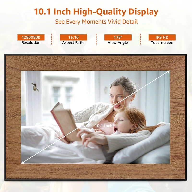 Frameo Smart Digital Photo Frame WiFi 10.1Inch Wooden Frame HD IPS Touch Screen Digital Picture Frame 32GB For Halloween Gift