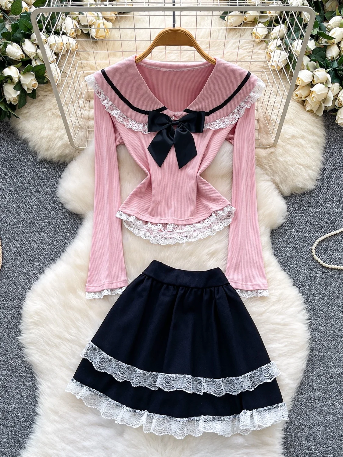 

Женская юбка Sweet Sle с высокой талией и кукольным воротником с рюшами, облегающий топ с узлом, осенний наряд Faion