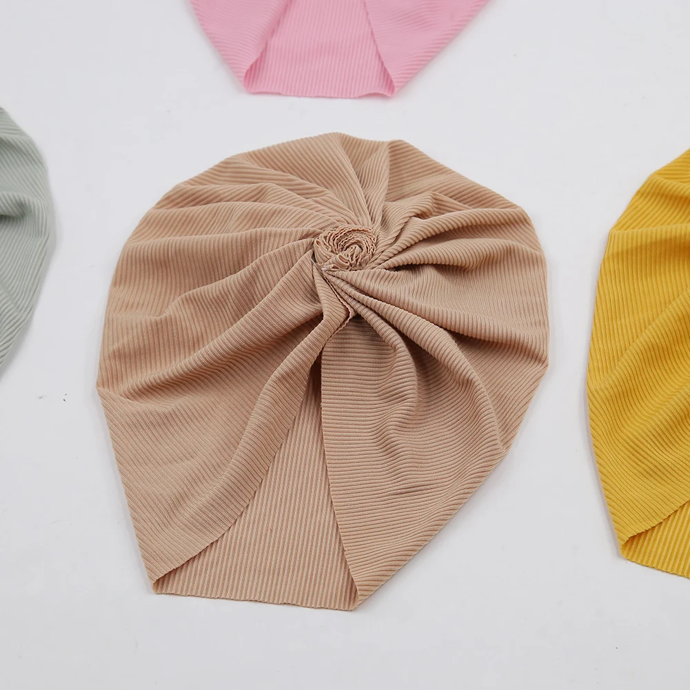 Organza Flower Baby Girls Turban Hats Thin Ribbed Knit Caps Newborn Infant Headwraps Kids Headwear Bohemia Hospital Headdress