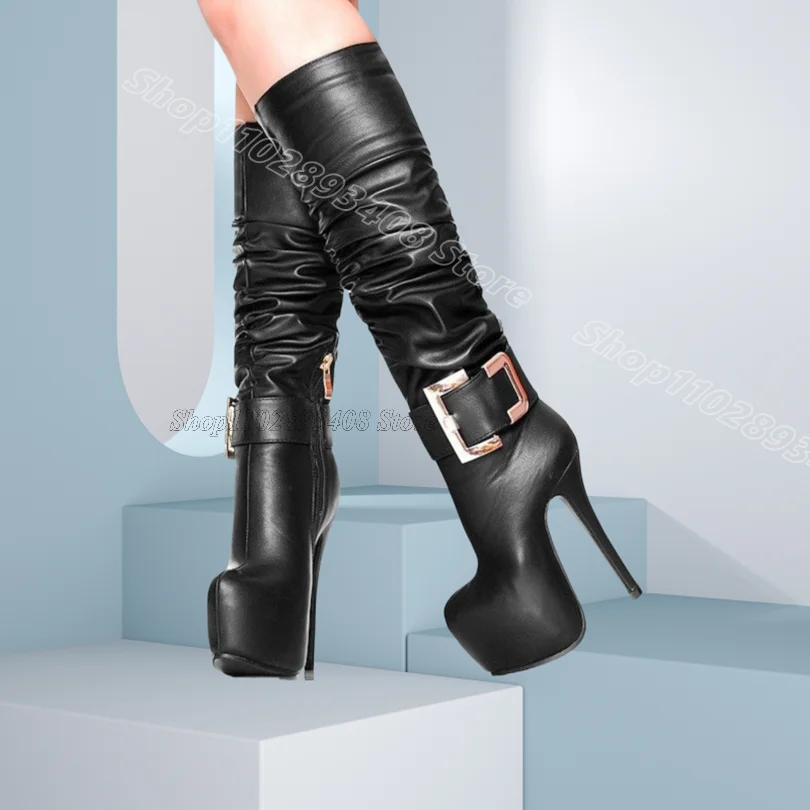

Black Platform Pleated Boots Slip on Stylish Stiletto Matte Leather Design for Women Spring Knee Boots 2025 Zapatos Para Mujere