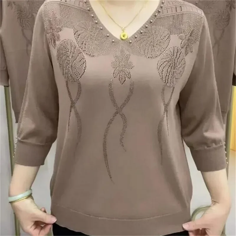 Korean Vintage Women Clothing 3/4 Sleeve Knitted T-shirt Spring Summer Fashion V-neck Solid Diamonds Loose Casual Tops 2023 New