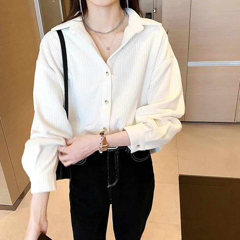 Autumn Winter Thin Corduroy Solid Loose Straight Button Turn-down Collar Casual Blouses Drop Sleeves Women\'s Clothing Dignified