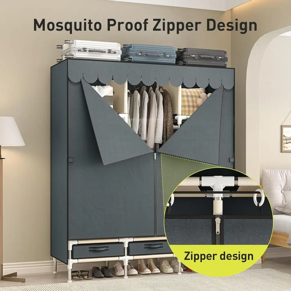 Portable Armoire Wardrobe Closet with 3 Drawers and 3 Hanging Rods,Cloth Closet Wardrobe Cabinet for Hanging Clothes,Grey Cover,