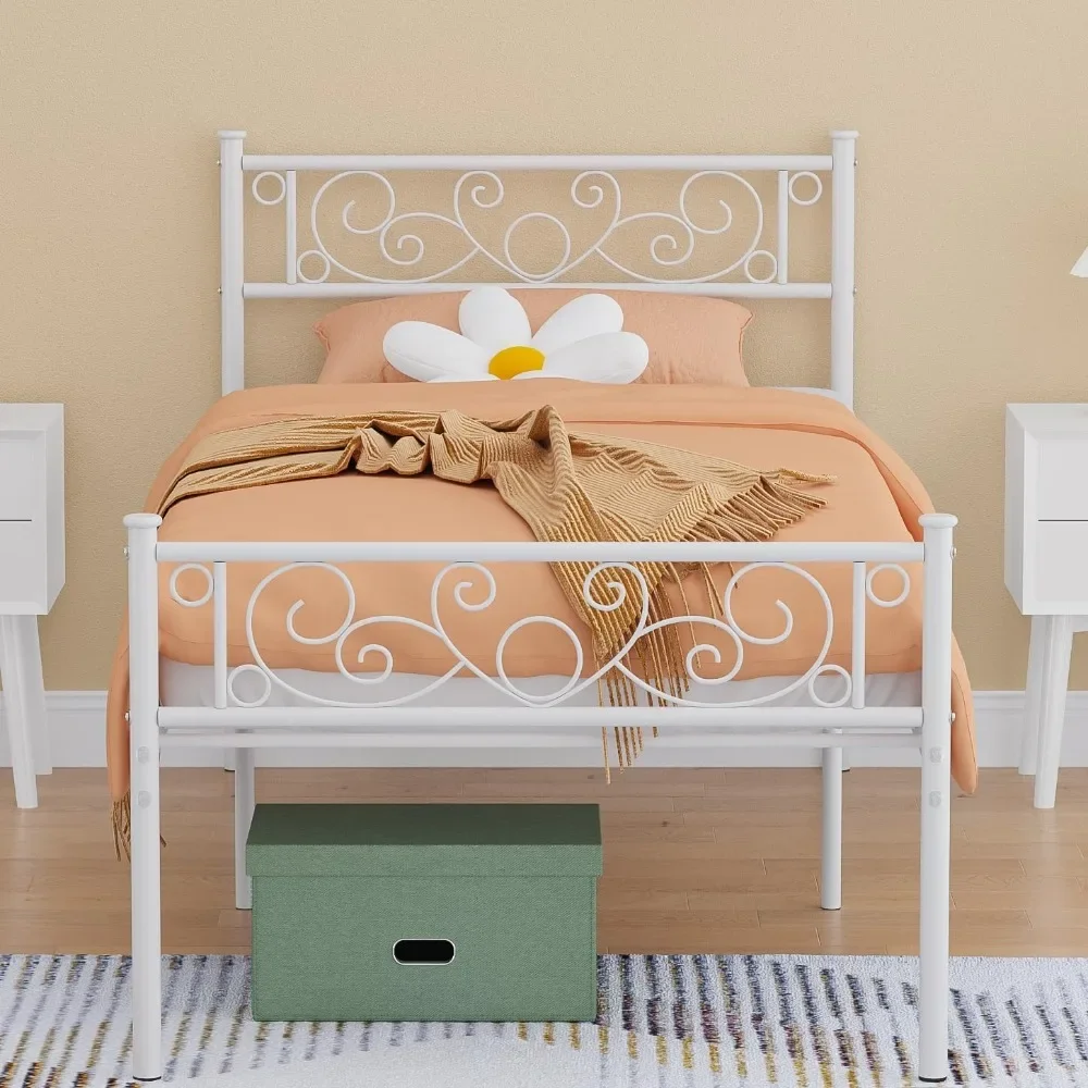 Plataforma metálica Cama Frame com Cabeceira e Footboard, Espaço de Armazenamento, Fundação Colchão, Nenhuma Caixa, Primavera Necessária para Menina e Menino