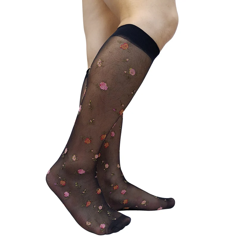 Thin Sheer Mens Sexy Socks Black With Floral Embroidery Knee High Formal Dress Suit Male Socks Long Tube Stocking See Through